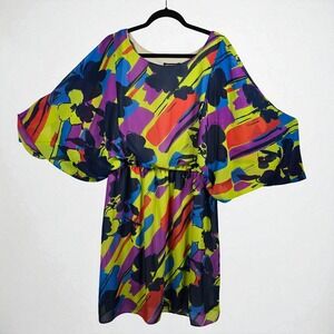 Signature by‎ Robbie Bee Women's Dress Size 16 Colorful Abstract Batwing Sleeve
